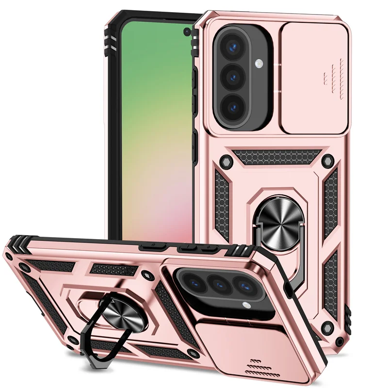 Slide Lens Camera Armor Phone Case with Car Magnetic Ring Holder and Back Cover