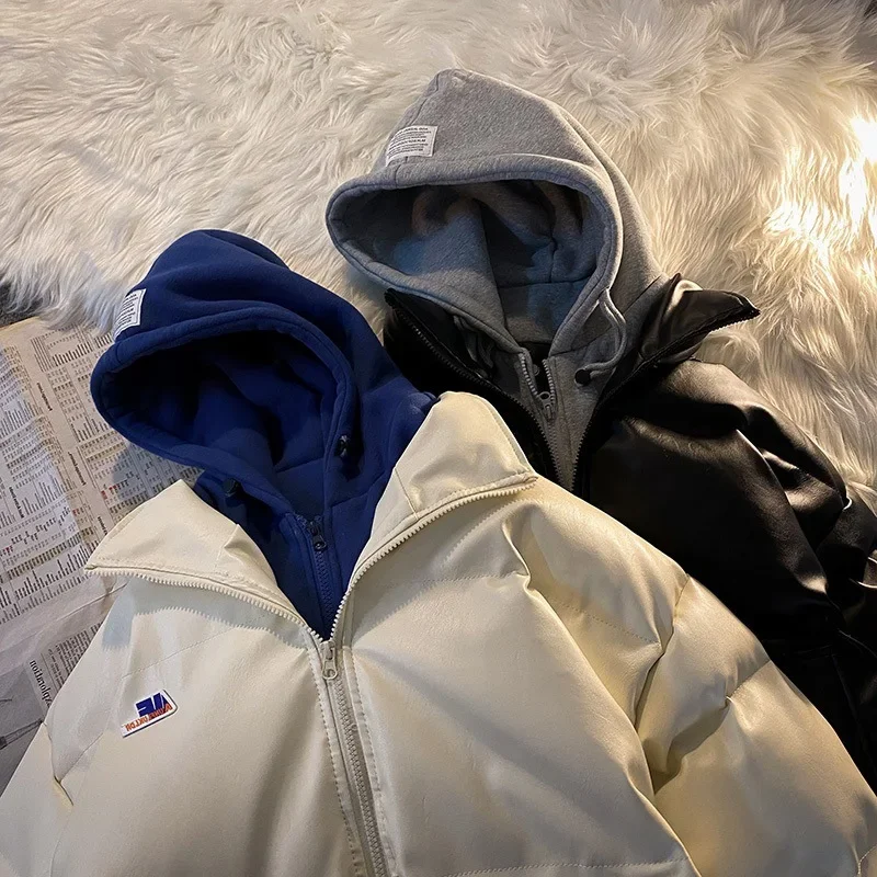 Fake Two Pieces of Cotton Jacket Men's Winter Korean Version Loose PU Leather Hooded Cotton Jacket Trendy Brand Handsome