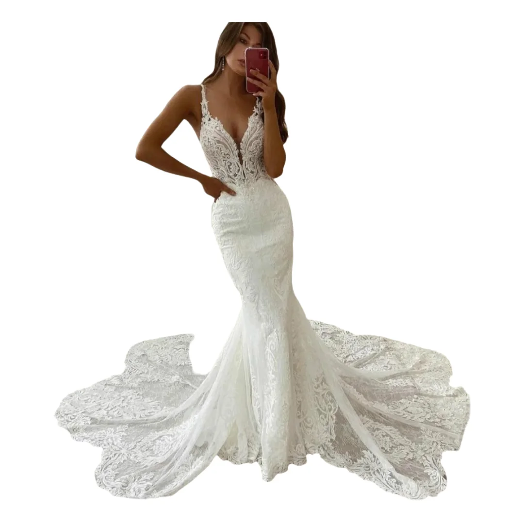 Lace Mermaid Wedding Dresses Sweep Train Spaghetti Straps Made Plunging V Neck Beach Wedding Gown Vestidos