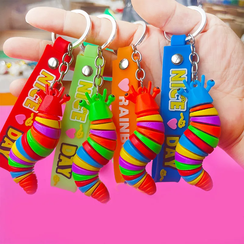 

12Pcs Decompress Caterpillar Key Chain Pvc Glued 3d Fashion Exquisite Keychain Car Student Bag Pendant Keyring