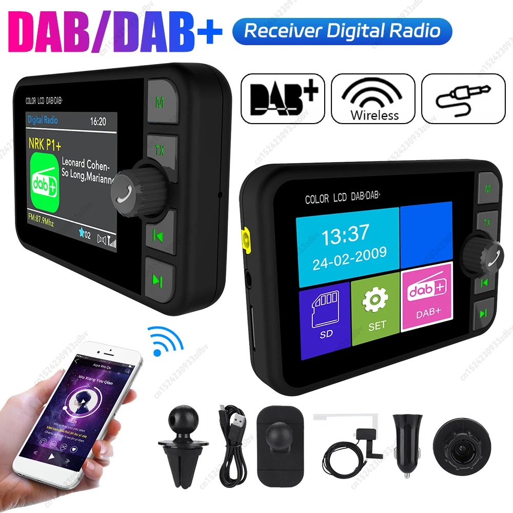 블루투스 5.0 디지털 라디오 스테레오 DAB 라디오 2.4인치 LCD 컬러 스크린 디지털 신호 방송 어댑터 3.5mm 내장 스피커