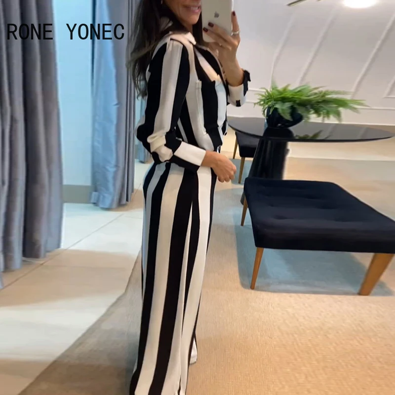 Women Striped Long Sleeves Turn Down Neck Wide Leg Casual Fashion Working Jumpsuit