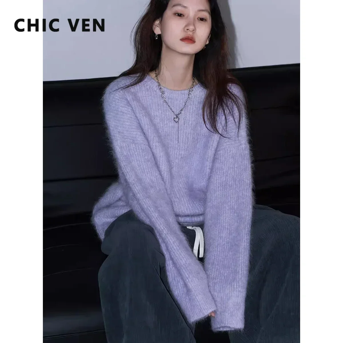 CHIC VEN Women Sweater Long Sleeve Pullover Solid Loose O Neck Soft Alpaca Female Tops Woman Knitwear Jumpers Spring Autumn 2024 3