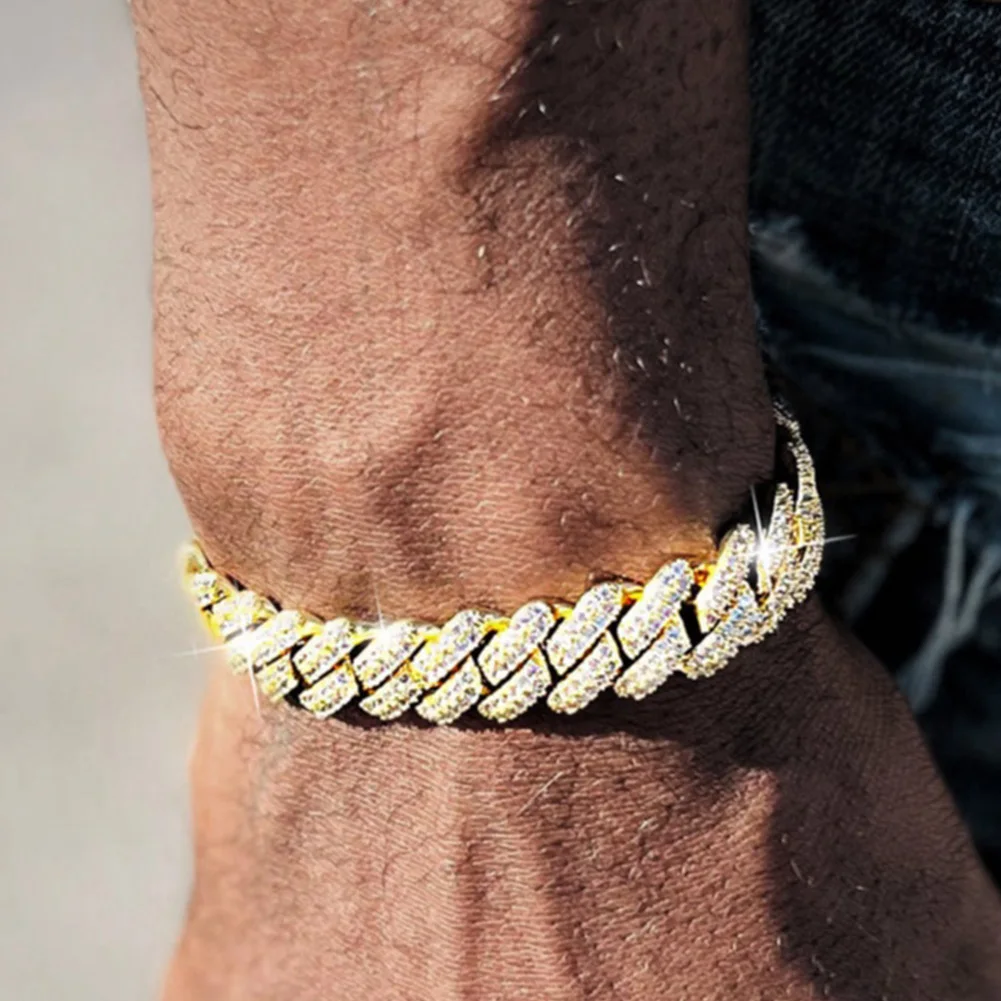 【BLACKPURPLE】Square Crystal Cuban Chain Bracelet Man WAHZAUS 15MM Purple Mens Chains Diamond Cuban Link Chain