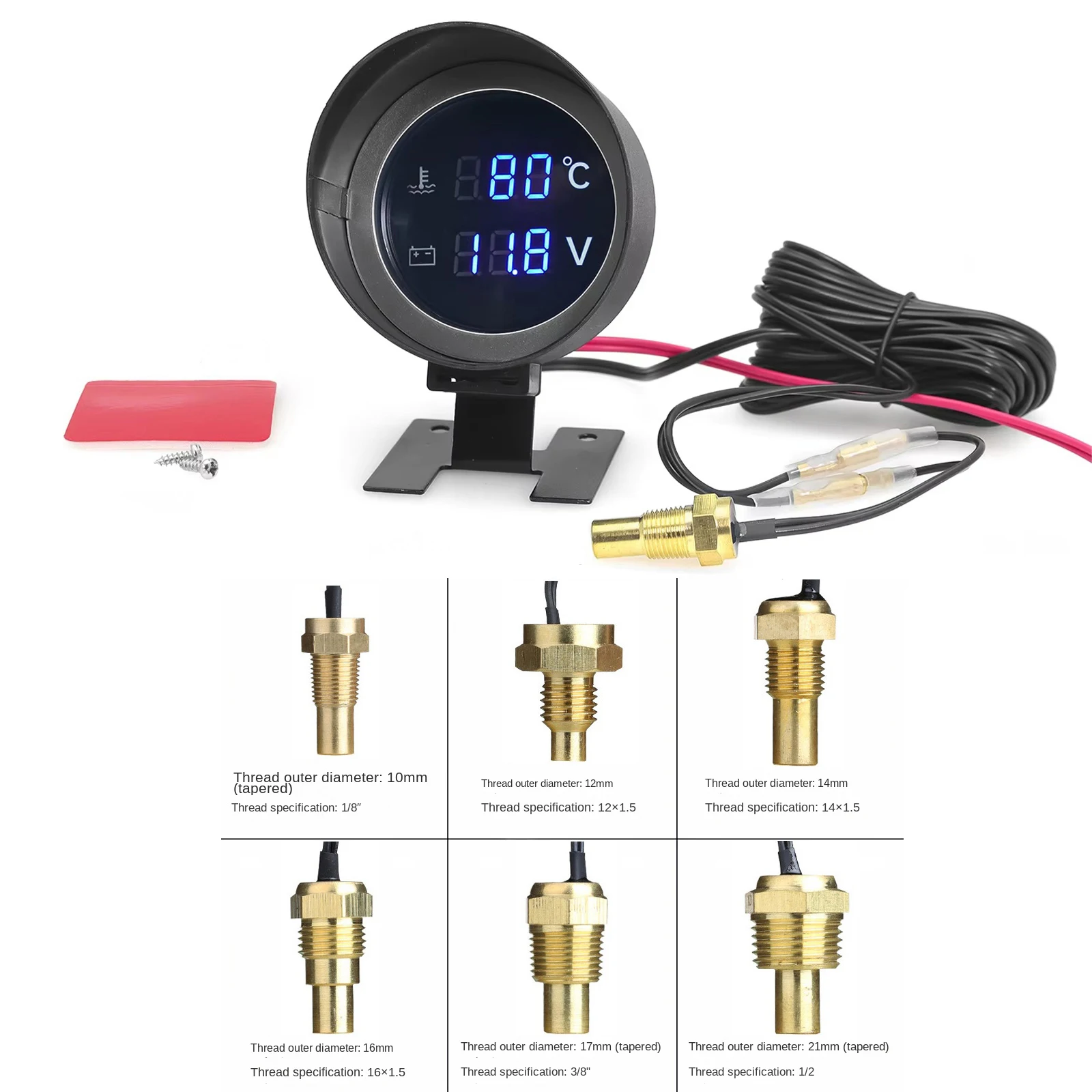 2 in 1 LED 디지털 원형 수온계 전압계 (10mm 1/8NPT 센서, 12V 24V 자동차 트럭 오토바이용 워터 티 어댑터 포함)