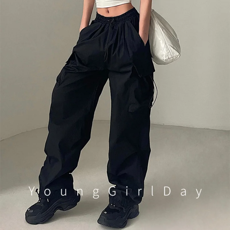 American Workwear Pants Women Loose Solid Elastic High Waist Drawstring Pockets Versatile Trend Sports Casual Wide Leg Trousers