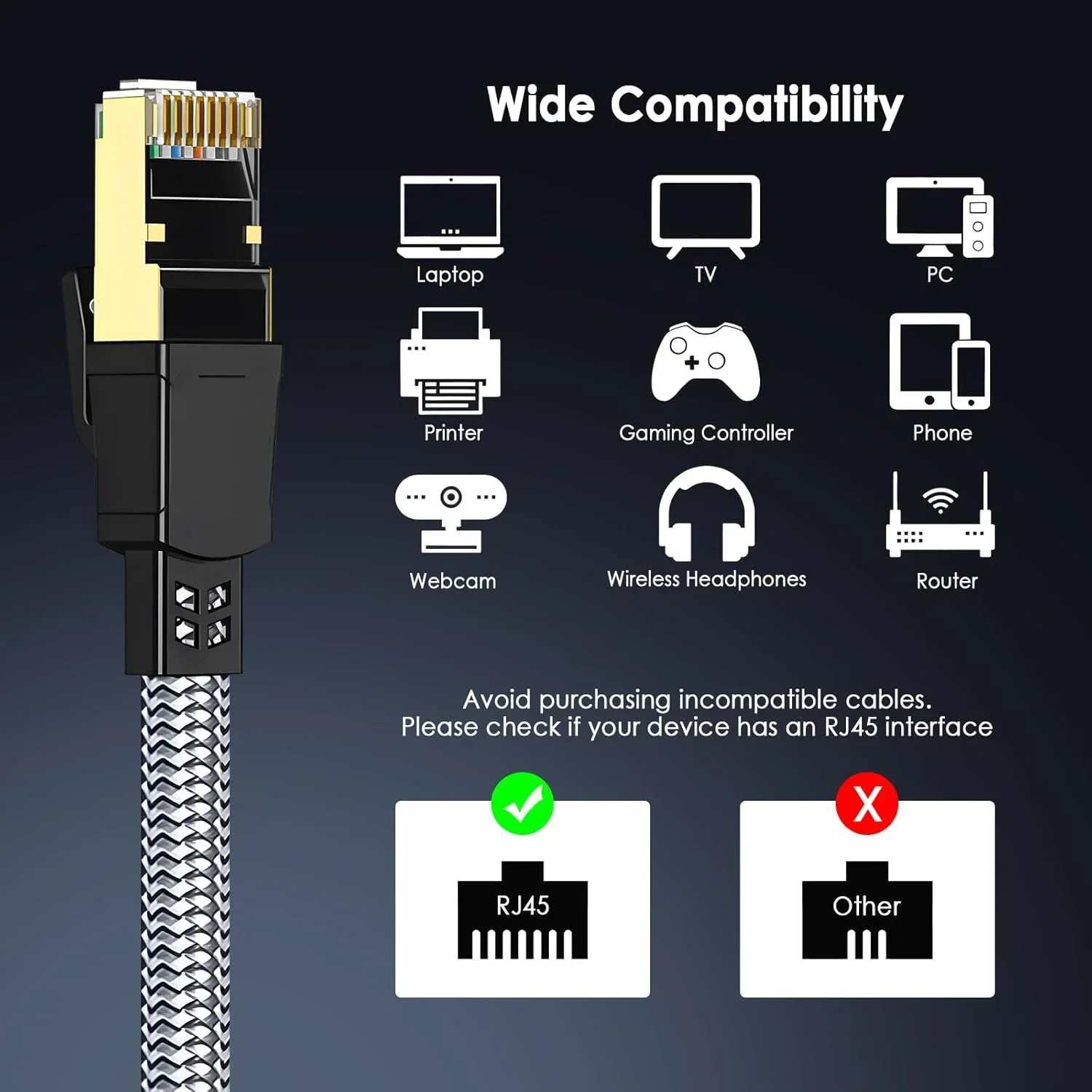 CAT8 Nylon Braided Ethernet Cables Flat High Speed 40Gbps 2000Mhz Internet Cable Network Cord with Gold Plated RJ45 Connector