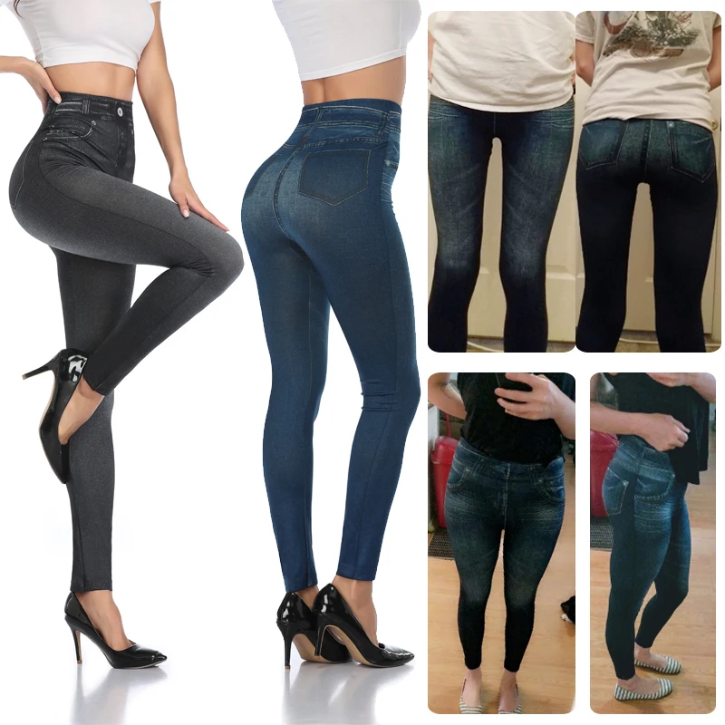 High Waist Faux Denim Print Leggings Women Sexy Skinny Pencil Pants Tummy Control Seam-free Shapewear Trousers No Pocket 3
