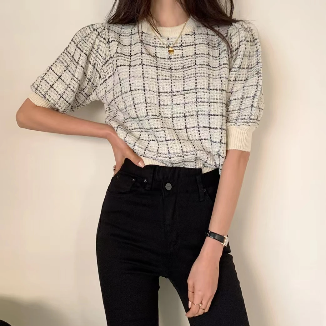 

Женские винтажные футболки с круглым вырезом, футболки с коротким рукавом в клетку в Корейском стиле, лето 2023