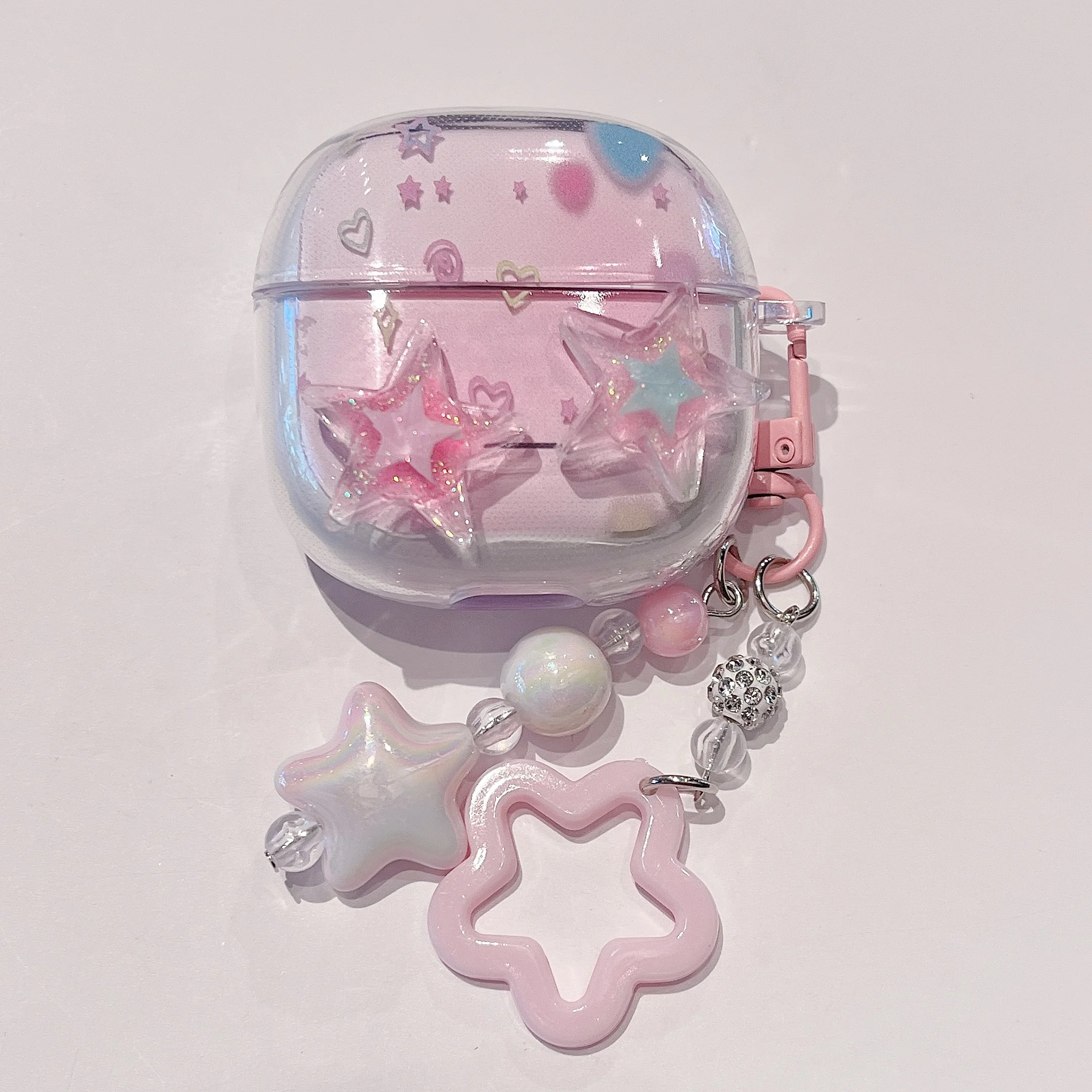 Adorable Clear TPU Earphone Case with Chain Keychain and Cartoon Flower Bear Design