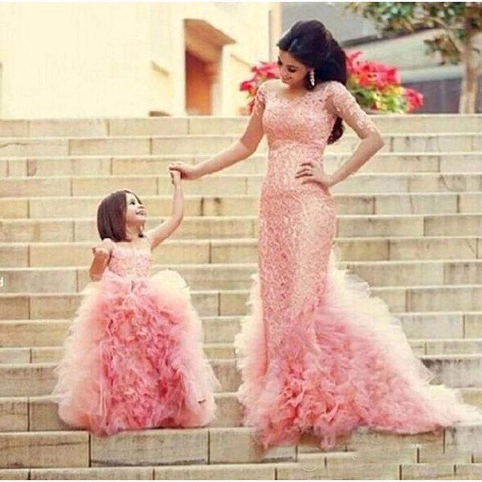 Flower Girls sukienki różowy tiul potargane syrenka na wesela matka i córka suknie na bal maturalny wieczór urodziny sukienka na konkurs piękności