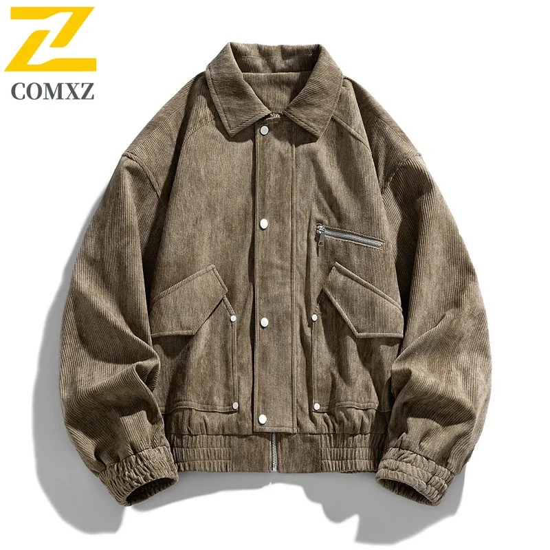 Men's Corduroy Workwear Jacket Japanese Style Notch Lapel Coat Water-Resistant Windproof Loose Fit Vintage Utility Streetwear