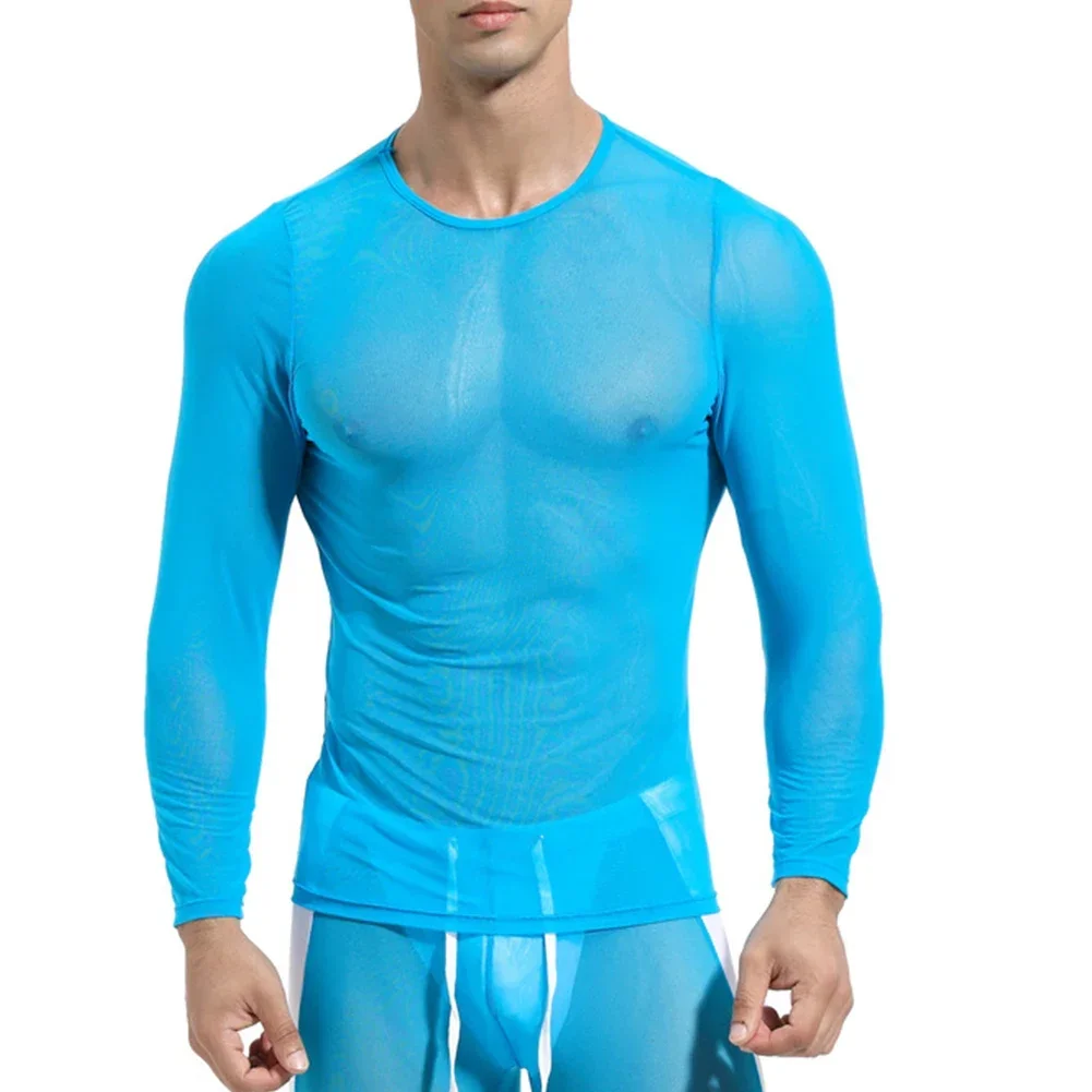 Men Mesh See Through Elastic Sport Tops Long Sleeve Top T-Shirt Sheer Tights Sexy Undershirt Fitness Muscle Gay Clothes Clubwear