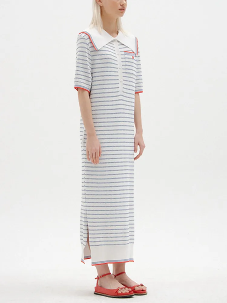 

Женское трикотажное платье-миди в полоску, повседневное длинное трикотажное платье с отложным воротником и вышивкой для женщин на раннюю осень 2022