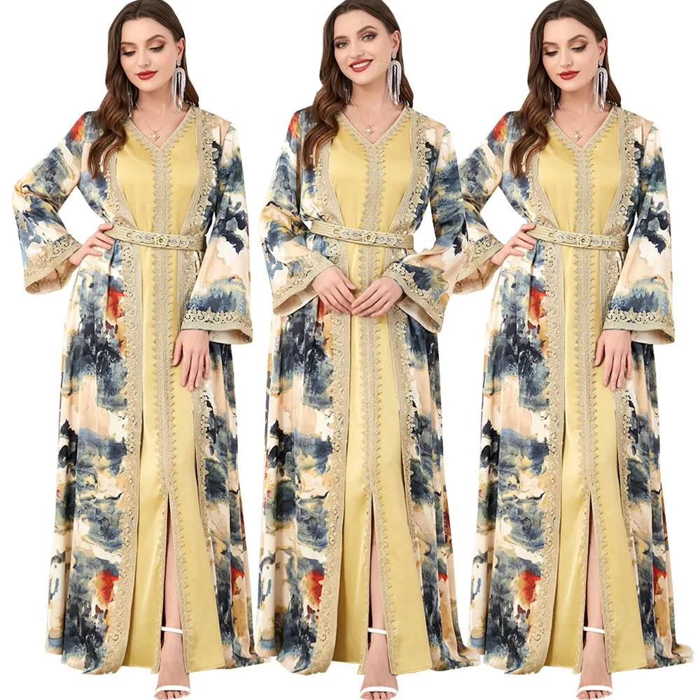

Muslim Fashion Two Piece Robe Robe Floral Print Abaya Long Dress Ramadan Islamic Women Moroccan Caftan Elegant Party Evening