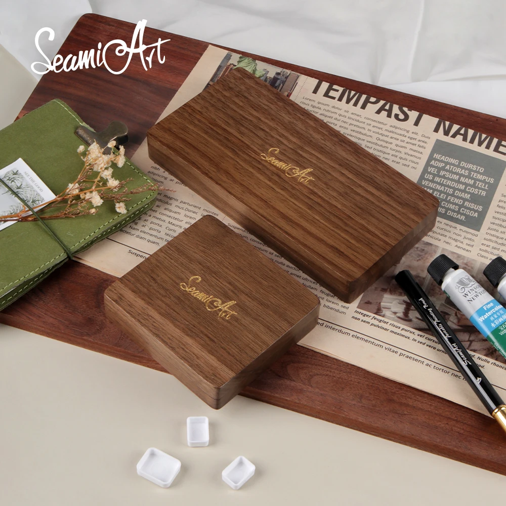 SeamiArt 1pc Black Walnut Wood Square Painting Box with Palette 0.5ml Half Pans for Watercolor Subpackage Storage Art Supplies 2