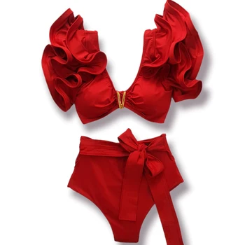 2025 New Sexy High Waist Bikini Sets Ruffle Swimwear Women Swimsuit Print Floral Dots V-neck Beach Wear Bathing Suits Biquini 1
