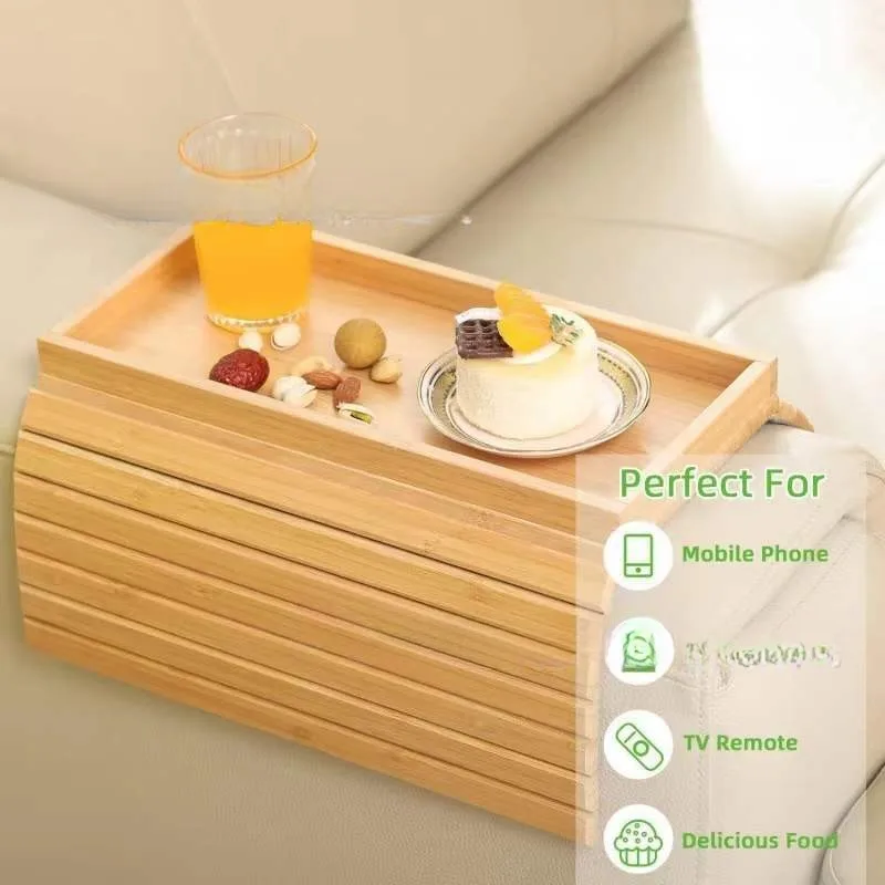 Sofa Armrest Bamboo Tray Foldable Bamboo Sofa Storage Tray Lazy Sofa Snack Wooden Tray 2