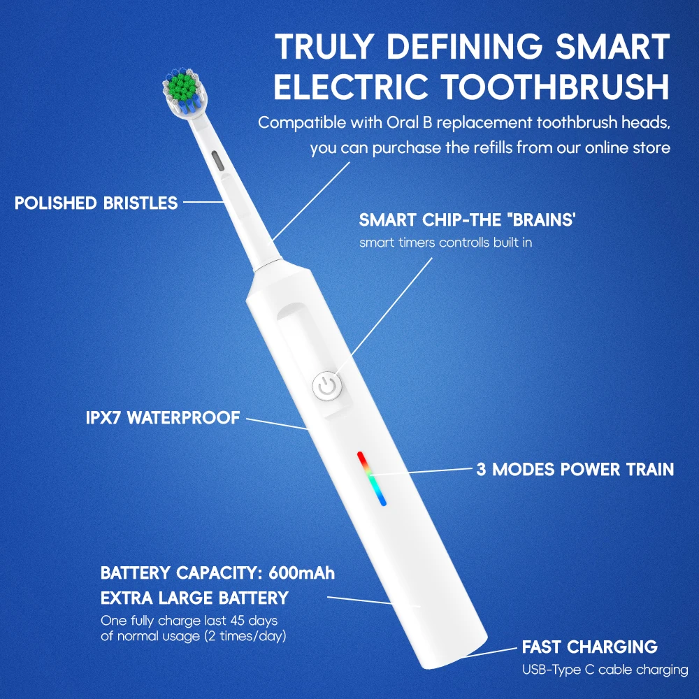 2 Pack Smart Rotating Electric Toothbrush, Rechargeable Rotary Toothbrush Compatible with Oral B Replacement Electric Brush Head