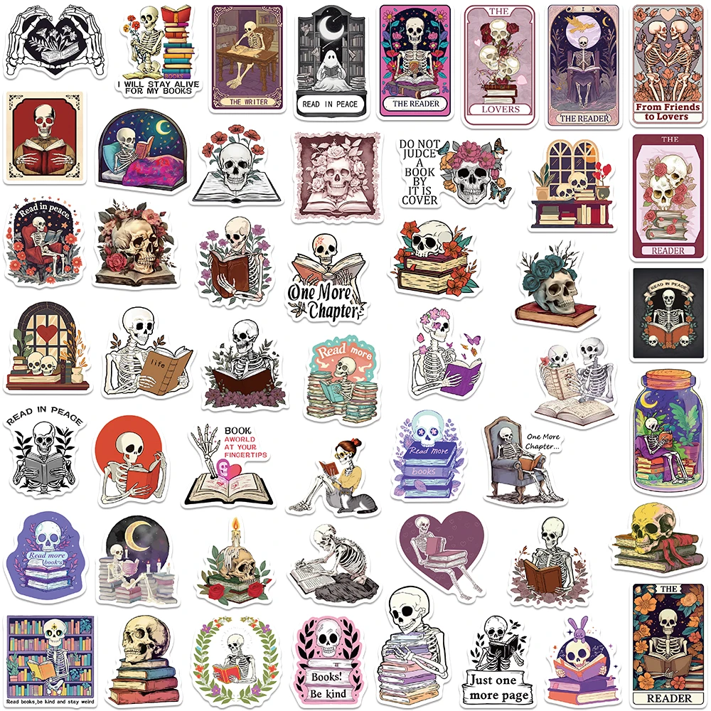 50/100pcs Aesthetic Dark Romance Skull Bookish Stickers Death Reading Vinyl Decals For Luggage Guitar Laptop Waterproof Graffiti