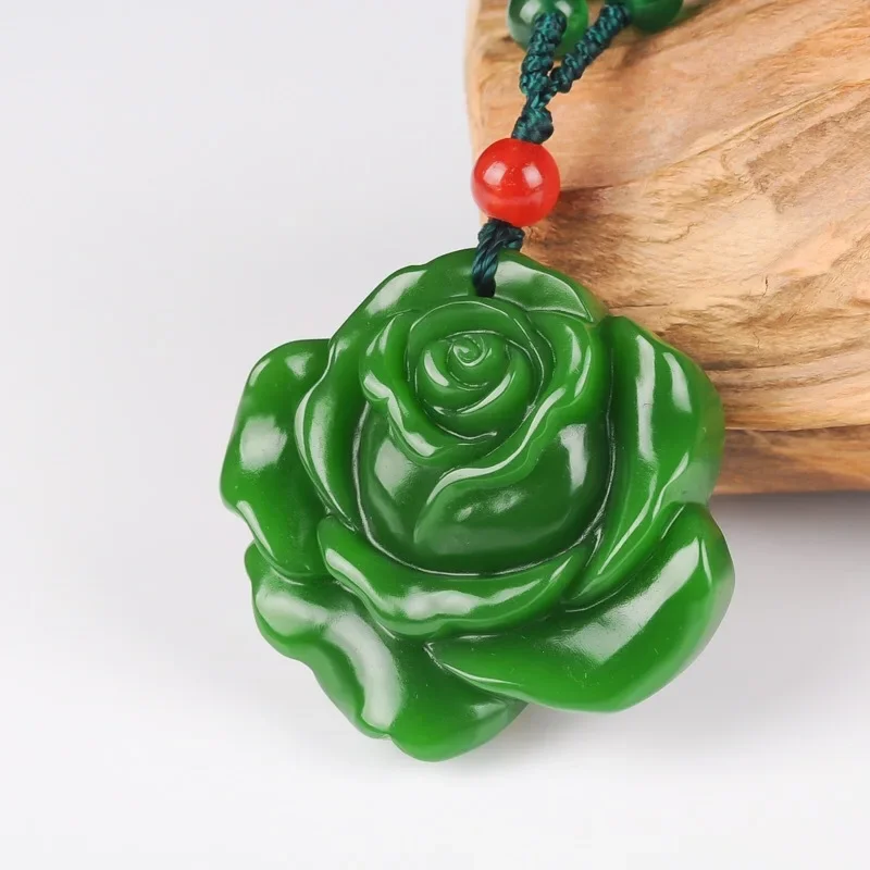 

Natural Green Chinese Rose Jade Pendant Necklace Hand-carved Charm Jewellery Fashion Man Lucky Amulet Gifts Free rope P78