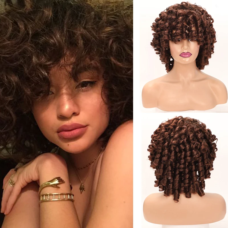 Short Hair Afro Curly Wig With Bangs Curly Wigs Synthetic Wigs Mixed Brown Blonde Wigs Natural Fluffy Glueless African Wig Pink