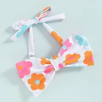 1-6Y Little Girls Bikini Sets Flower/Plaid Print Sleeveless Bow Bikini Tops with Shorts 2024 Summer Baby Swimsuit Kids Beachwear 6