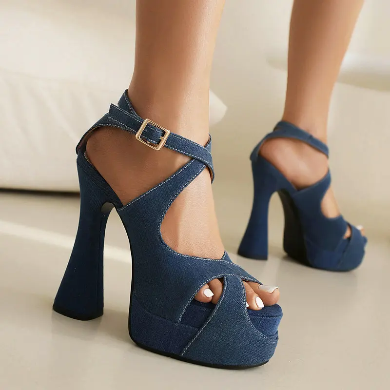 

Denim Jeans Blue Yellow Red Peep Toe Sexy Cross-strap Gladiator Party Dress Pumps Platform Thick High Heeled Sandals Heels Women