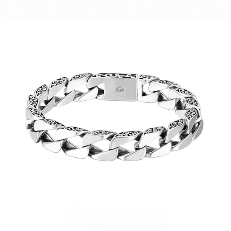 ZABRA Simple Men's S925 Silver Retro Bar Chain Old Tang Grass Pattern Bracelet Popular Fashion Retro Jewelry 6