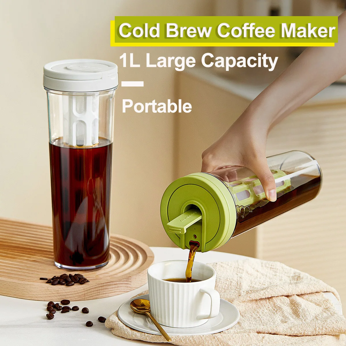 

1L Manual Cold Brew Maker Refrigerator Cold Water Kettle with Filter Portable Coffee Pot Fruit Tea Moka Pot Coffeeware Teaware