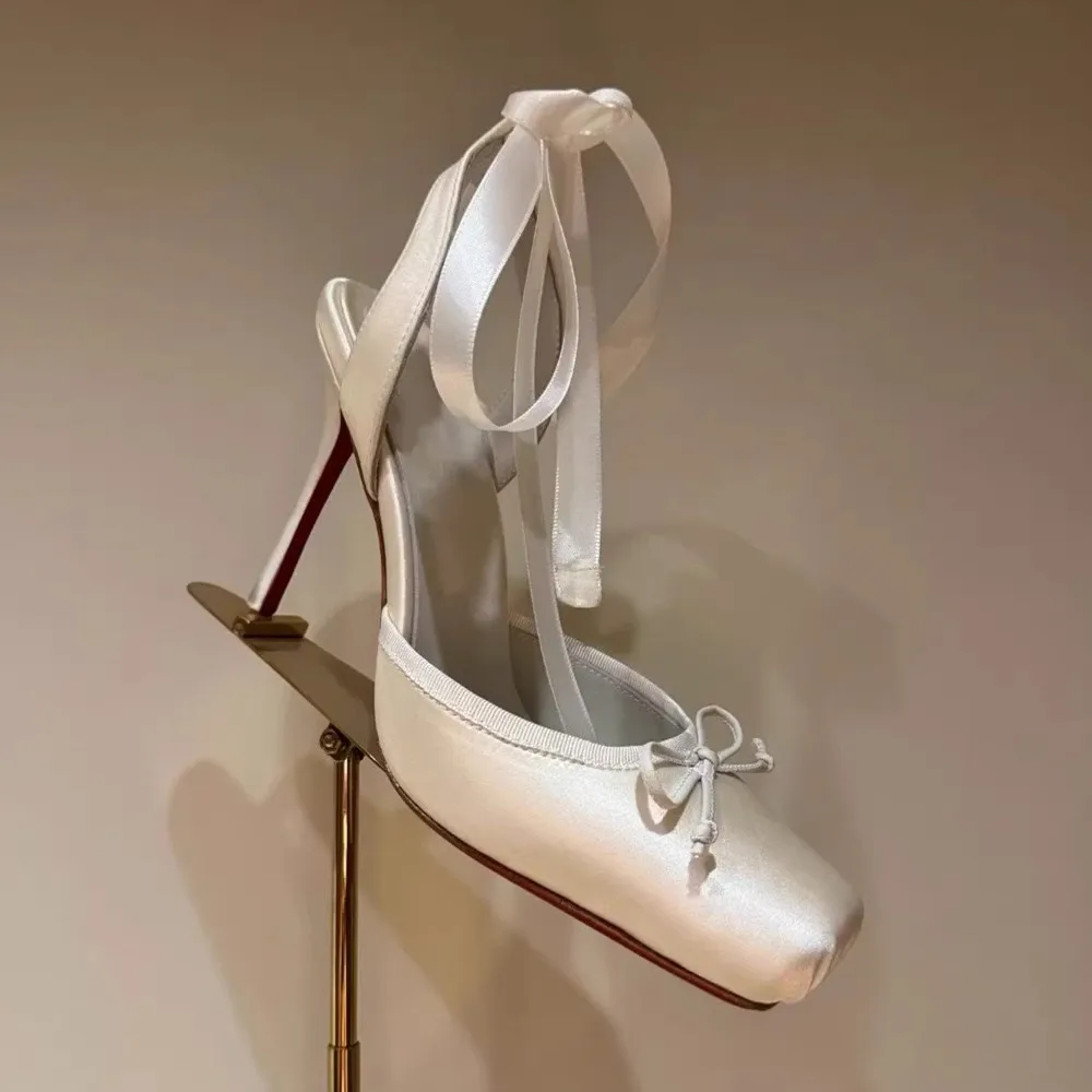 2025 Women Summer High Heeled Shoes for Woman's Square Toe Thin Heels Butterfly-Knot Pumps Sexy Ladies Ankle Strap Wedding Shoes 2