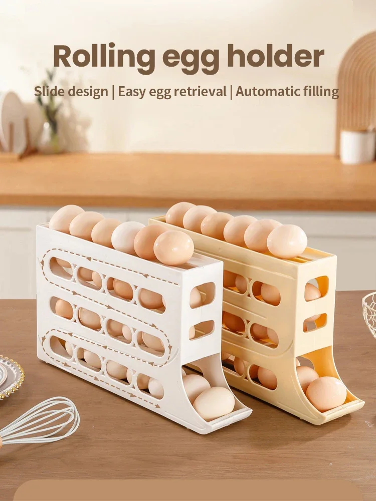 

Automatic Scrolling Egg Rack Holder Storage Box Egg Basket Container Organizer Rolldown Refrigerator Egg Dispenser For Kitchen