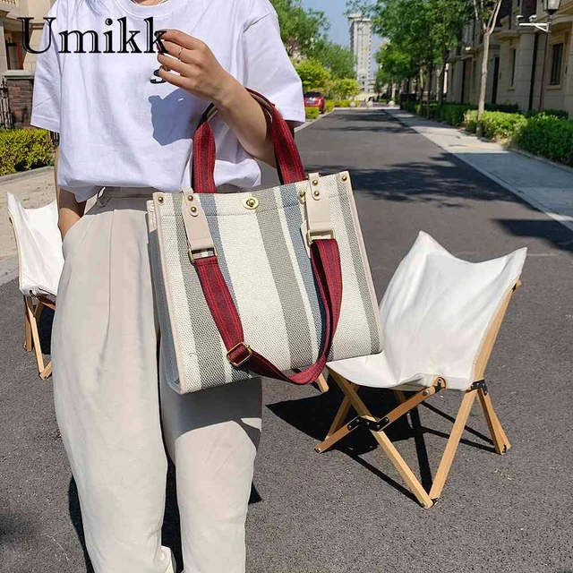 2023 Canvas Stripe Tote Bag Vintage Shoulder Crossbody Bags Large