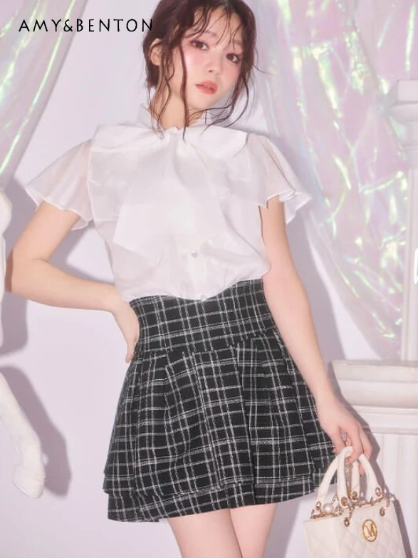 

Spring New Japanese Sweet Cute Tweed Double-Layer Skirt High Waist Slim All-Match Kawaii Mini Skirt Commute Style Plaid Skirt