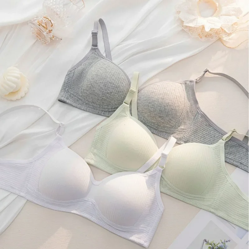 Full Cotton No Steel Ring Bra for Women Summer Breathable Light Color Plus Size Bras Girls Gathered Chest Lift Fashion Underwear 3
