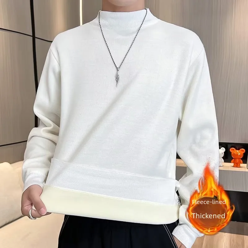 남성용 일체형 기모 하프 폴로 터틀넥 스웨터, 한국 스타일, 멀티 컬러, 베이직 니트 상의, 따뜻한 상의, 가을 겨울 2023 신상