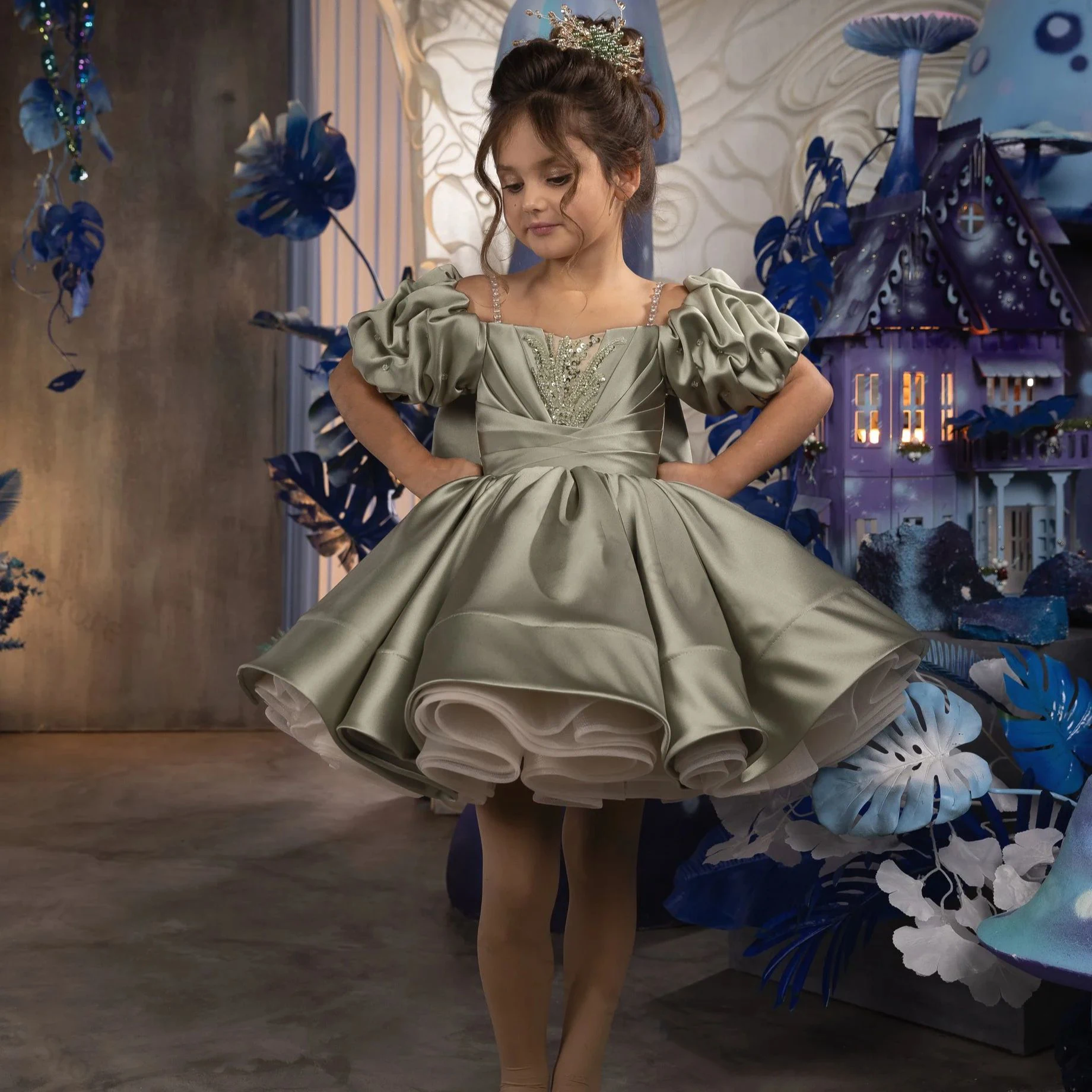 Beaded Puffy Flower Girl Dress For Wedding 2024 Applique Knee Length With Bow Kids Birthday Party Ball Gowns Princess Dress 5