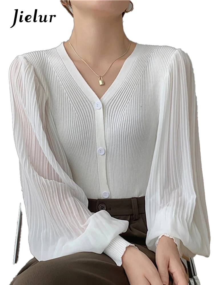 Jielur Beige Chic Patchwork Chiffon Puff Sleeve Blouse Women