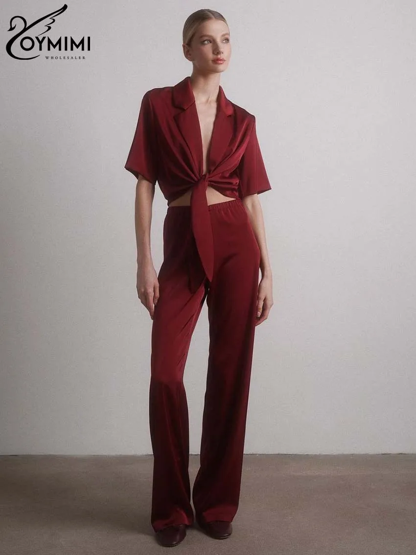 Oymimi Elegant Red 2 Piece Sets Women Outfit Fashion Lapel Short Sleeve Lace-Up Shirts + High Waist Simple Straight Trousers Set