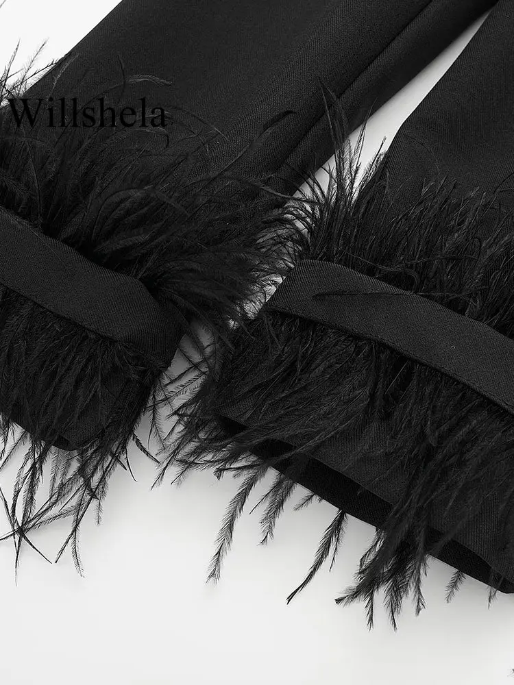 Willshela Women Fashion Satin Black With Feather Blazer Jacket Vintage Notched Neck Single Button Long Sleeves Female Outfits 5