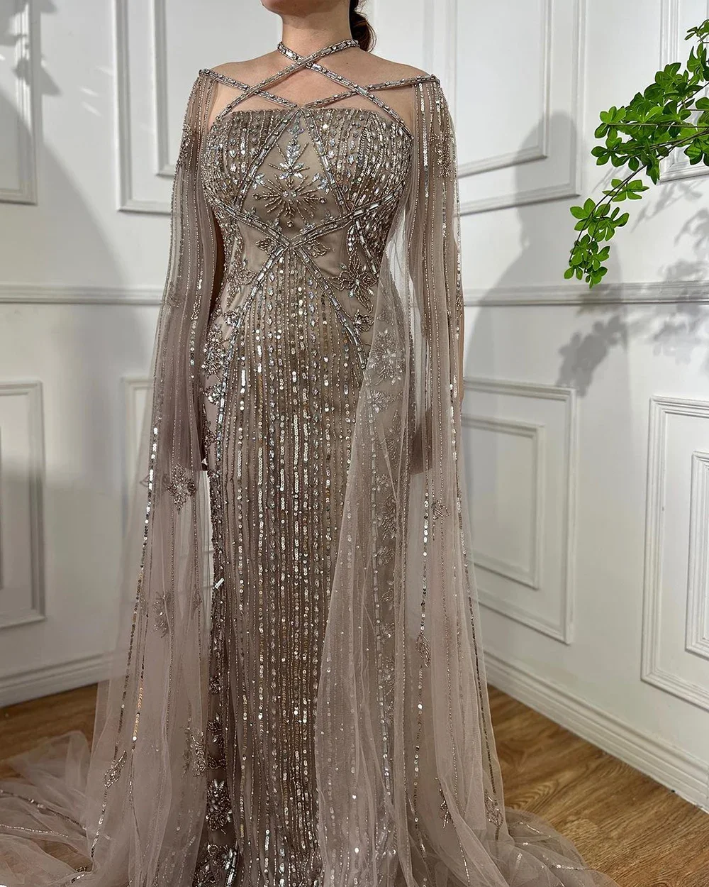 Arabic Mermaid Gray Elegant Cape Sleeves Luxury Beaded Evening Dress Gown For Women Wedding Party 2025 LA72247