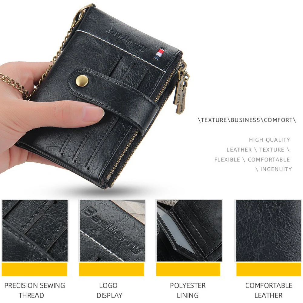 Compact Anti-Theft Wallet for Men PU Leather Zipper Multi-Slots ID Window Business Card Organizer Gift