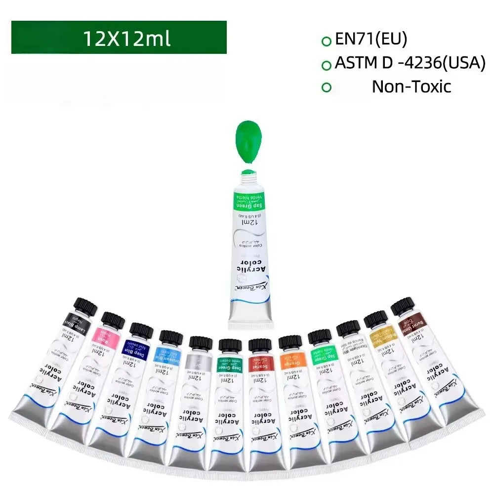 Acrylic Paint Set 12Ml 12 Color Acrylic Paint Set For Fabric Clothing Nail Glass Drawing Painting Waterproof Art Supplies