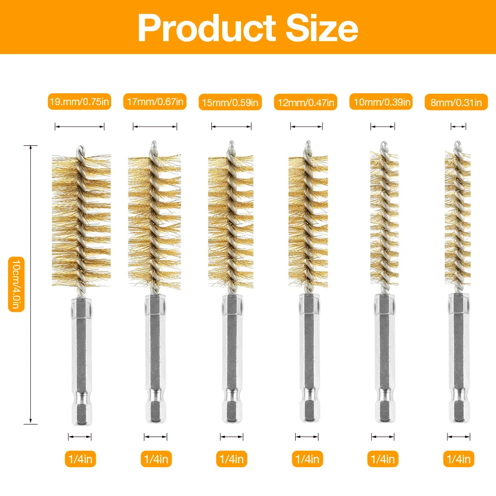 6Pcs Copper WireTube Cleaning Brush Set 1/4" Hex Bar Twisted Wire Hole Brush for Power Drill Impact Driver(8/10/12/15/17/19 mm)