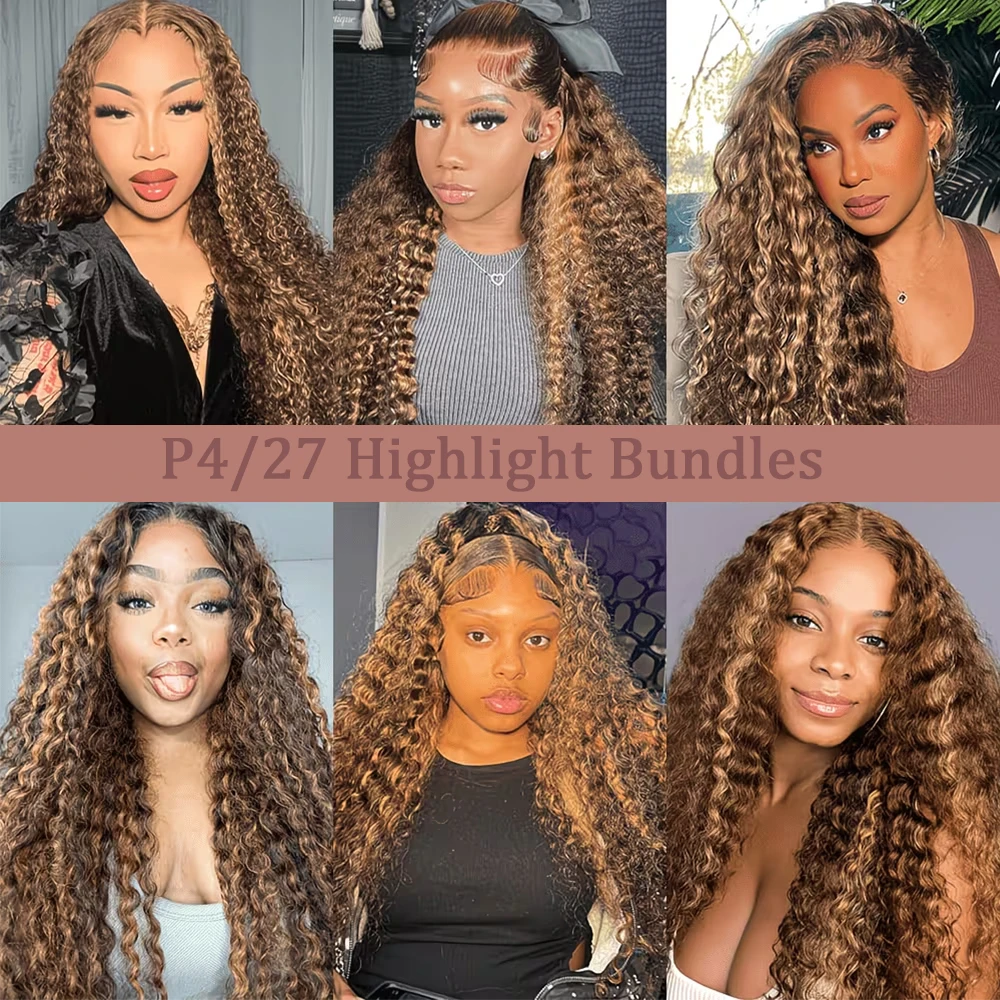 Highlight Water Wave 100% Human Hair Bundles 1 3 4 Pcs Deep Wave P4/27 Brown Color Remy Hair Ombre Extentions For Women 6