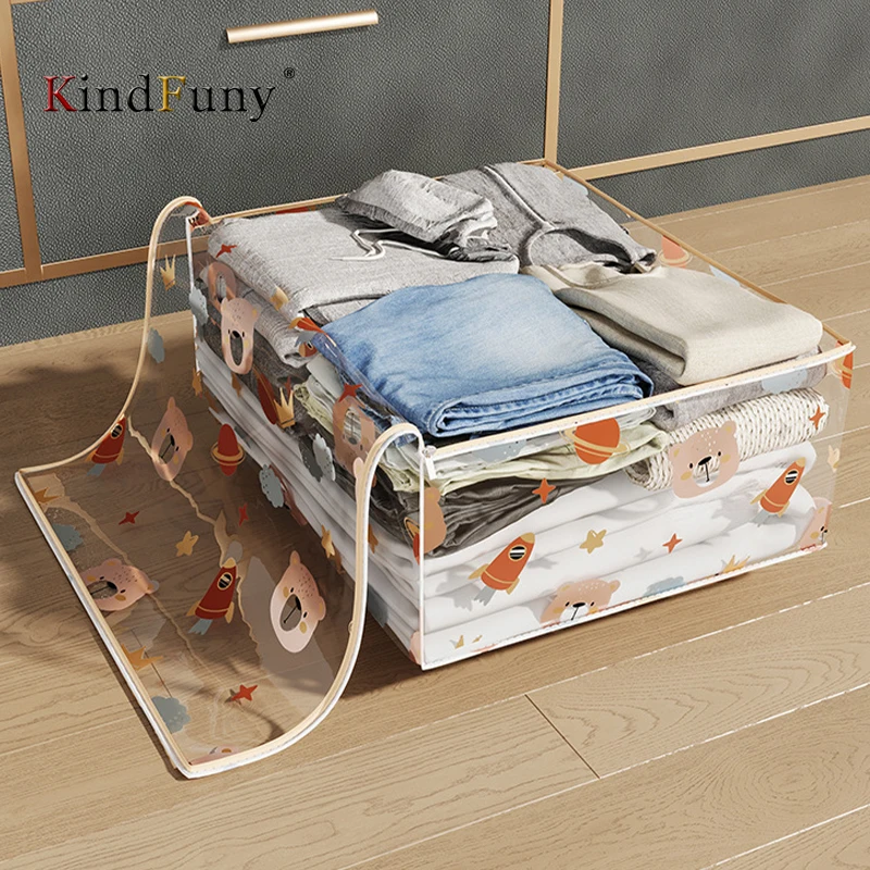 KindFuny Foldable Clothes Storage Bag PEVA Clothing Organizer Wardrobe Closet Organizer Pillow Quilt Blanket Bag Home Organizer 3