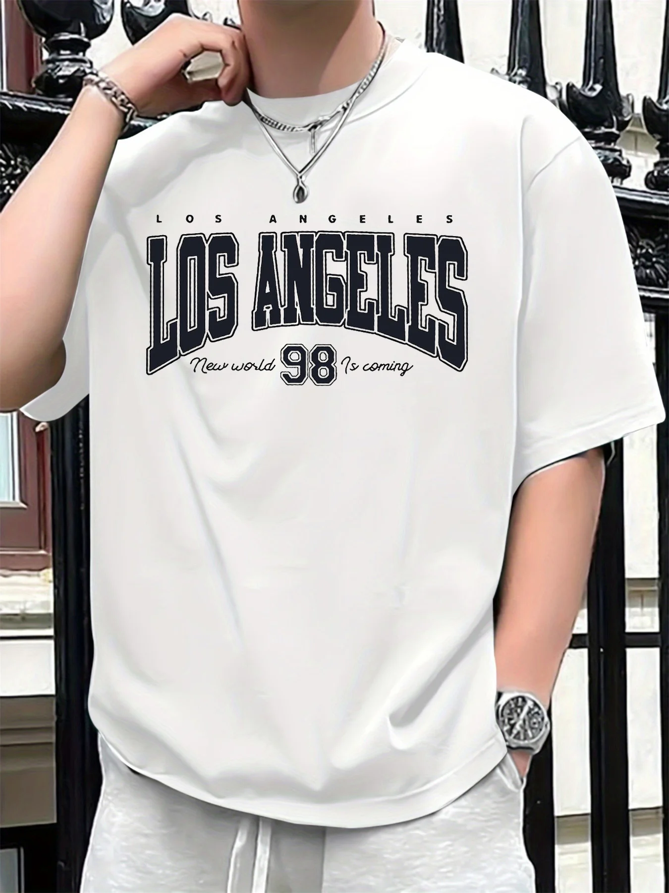 2025 new model Men's summer 100 cotton fashionable casual loose plus size Los Angeles 98 printed sports round neck short sleeved 4