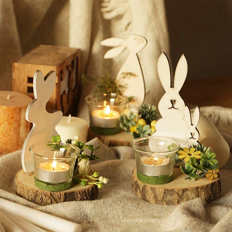 Rabbit Candlestick Wooden Rabbits Candle Holder Easter Candles Holders