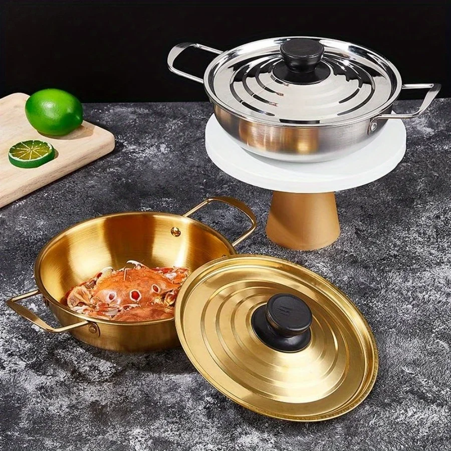 Korean style spiral covered soup pot, stainless steel instant noodle pot, golden hot double ear small pot soup pot milk