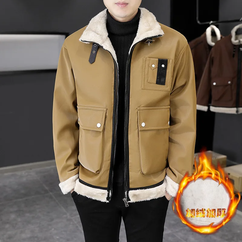 

2023 Men's Winter New Color Matching Leather Coat Youth Thick Fur Integrated Slim Handsome PU Leather Jacket